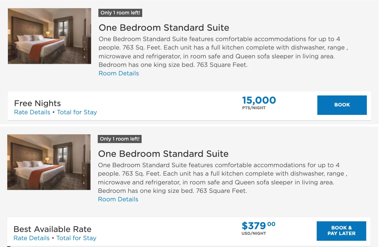 Screenshot of a Wyndham hotel booking page showing a One Bedroom Standard Suite priced at 15,000 points per night or $379