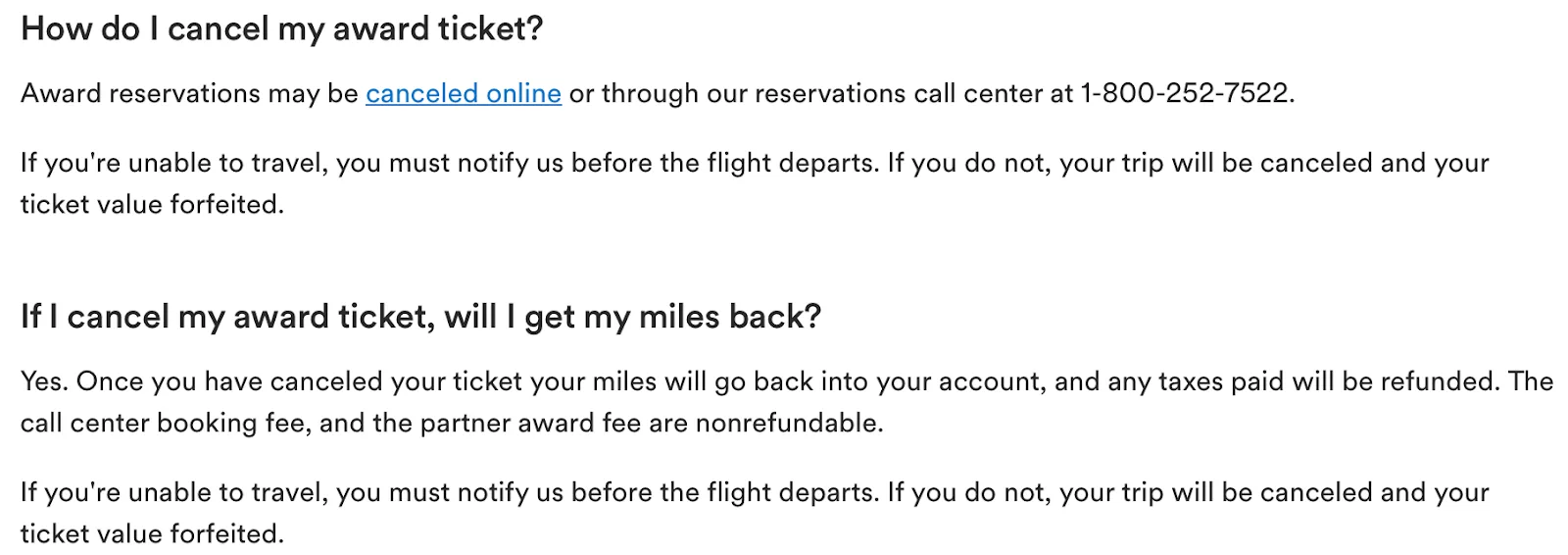 Screenshot of an Alaska Airlines FAQ explaining how to cancel an award ticket and reclaim miles.