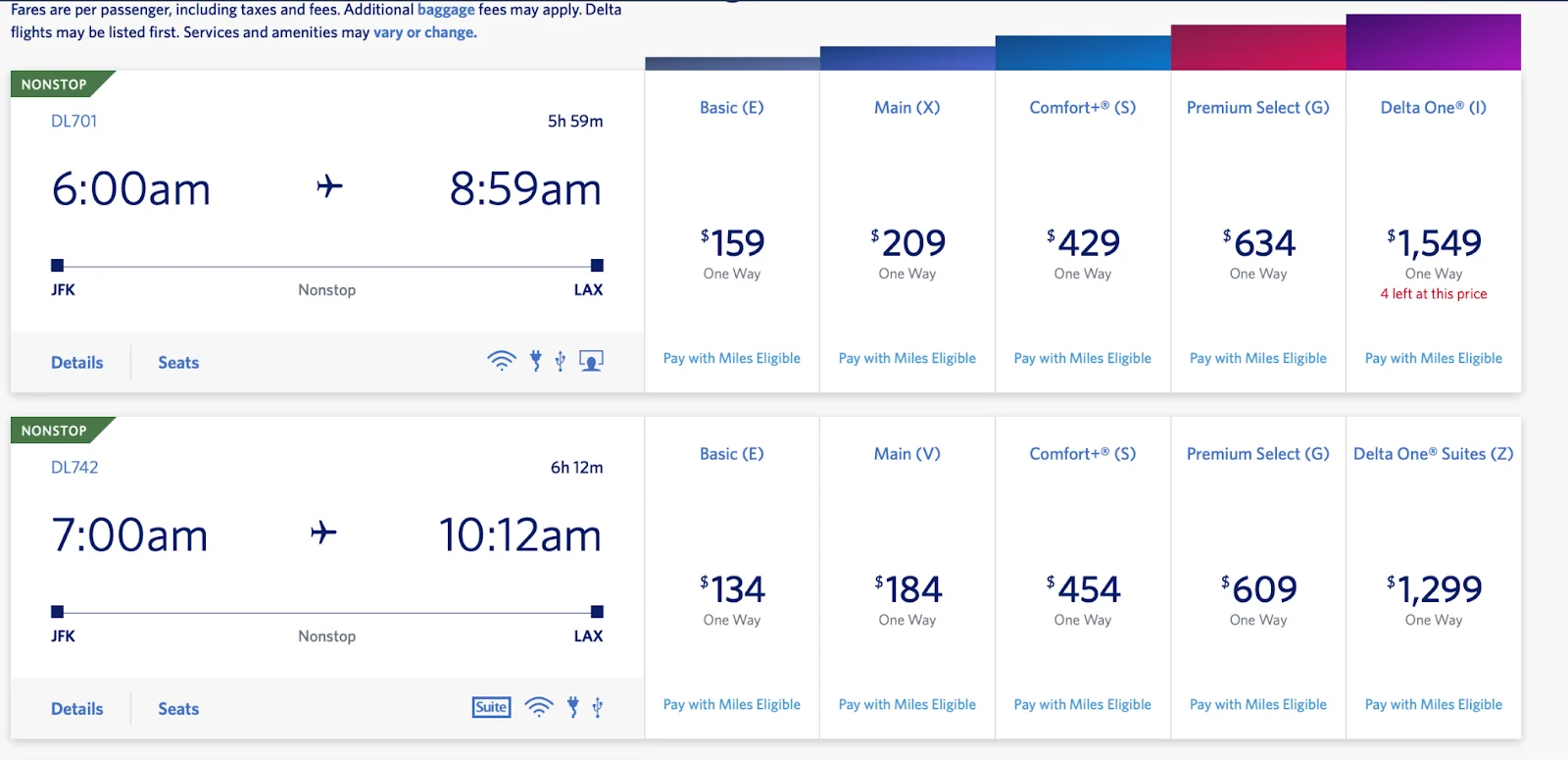 Screenshot of Delta fare options for a JFK to LAX flight, comparing Basic, Main, Comfort+, Premium Select, and Delta One prices