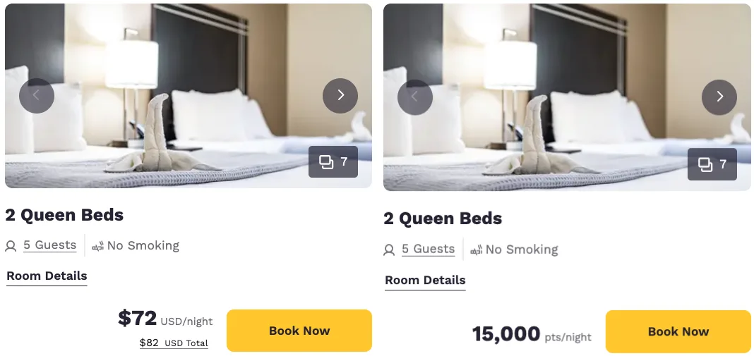 Screenshot of a Choice Hotels booking page comparing a 2 Queen Beds room priced at $72 per night versus 15,000 points per night