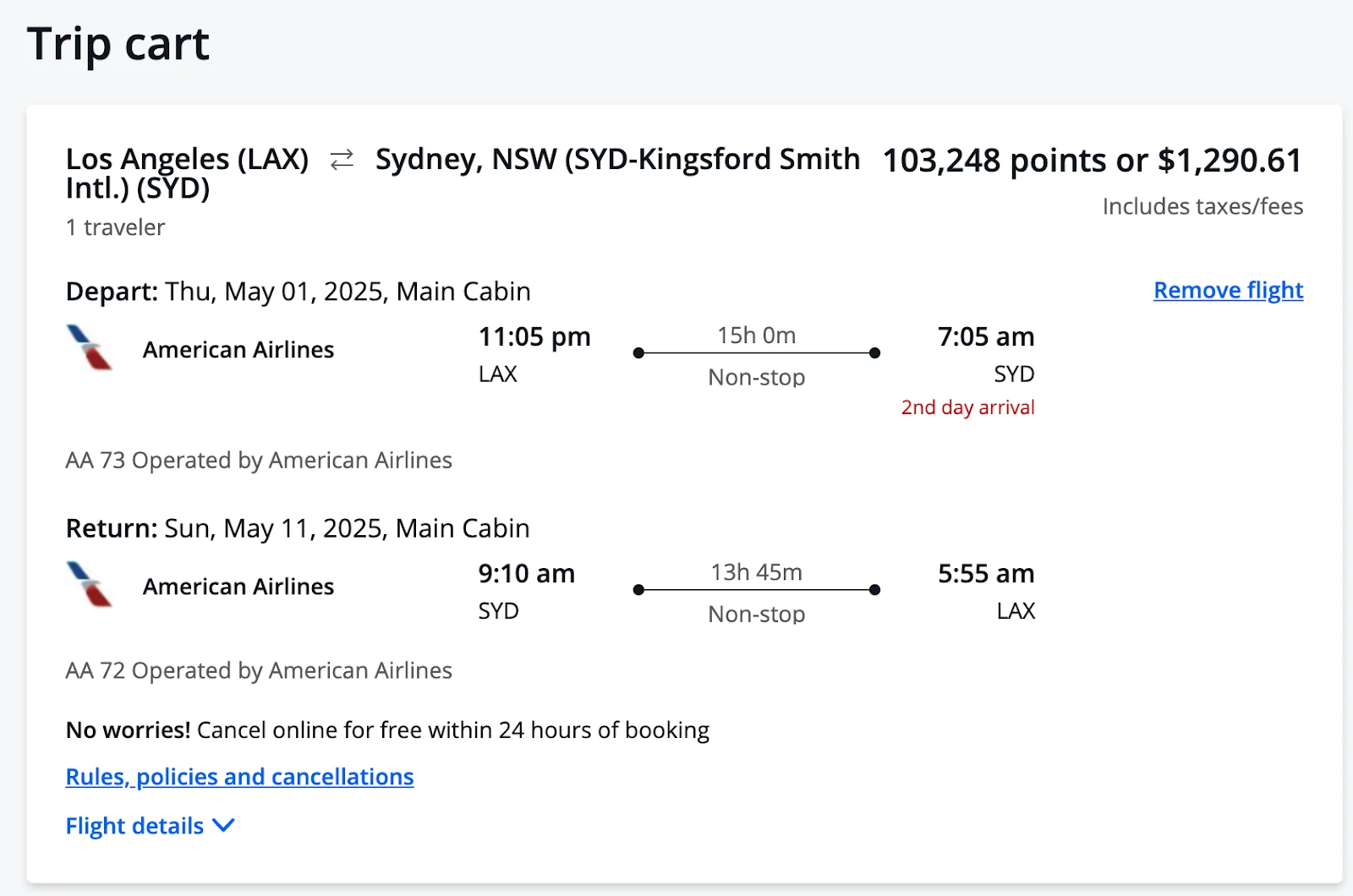 Screenshot of an American Airlines trip cart showing a Los Angeles to Sydney round-trip priced at 103,248 points or $1,290.61