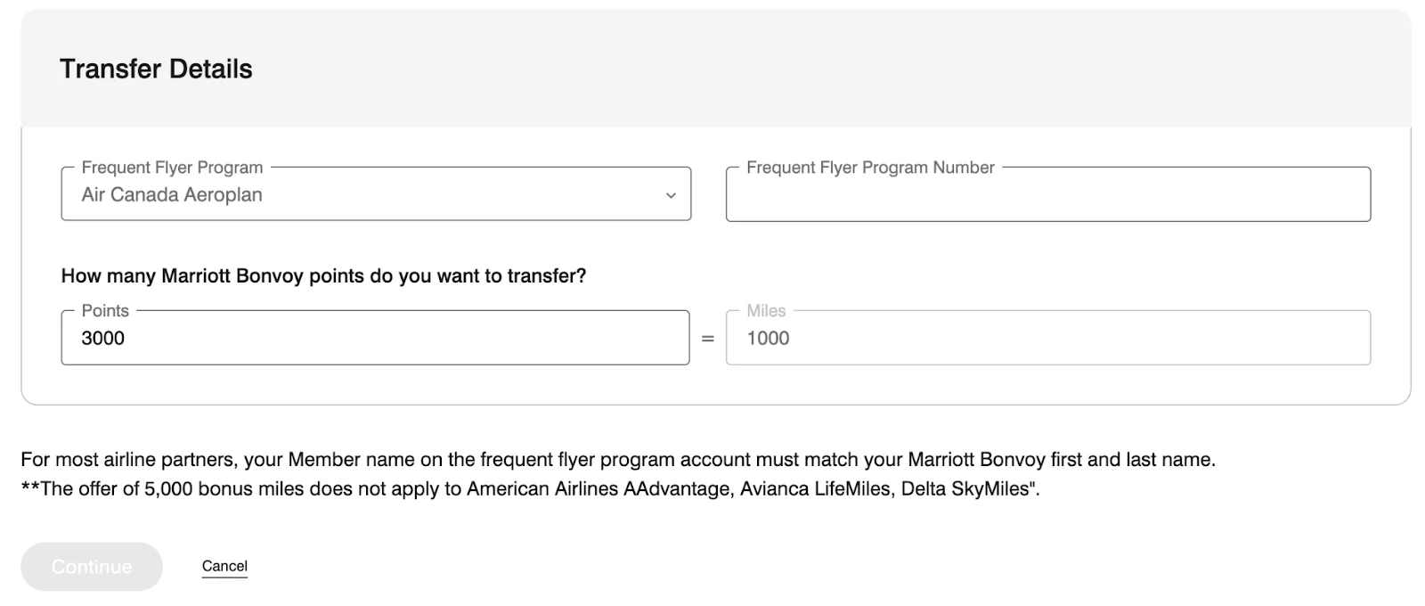 Screenshot of the Marriott Bonvoy points transfer form set to Air Canada Aeroplan, converting 3,000 points to 1,000 miles