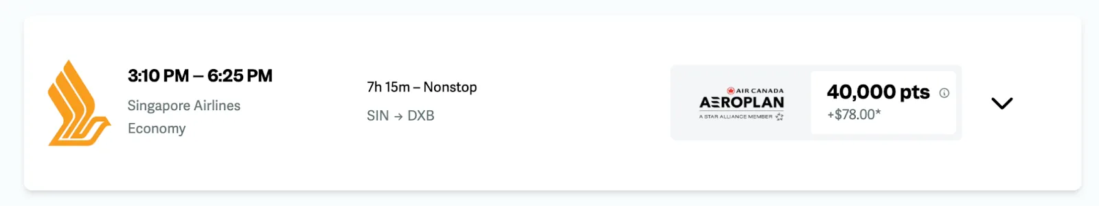 Screenshot of a point.me search result for a nonstop Singapore Airlines economy flight from Singapore to Dubai for 40,000 Aeroplan points.