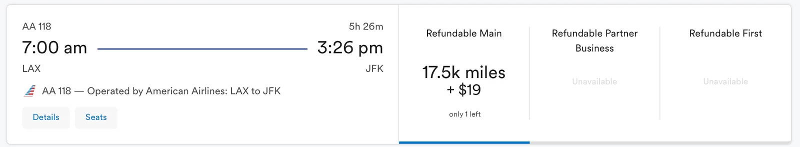 Screenshot of an Alaska Airlines award search showing a Los Angeles to New York JFK flight priced at 17,500 miles