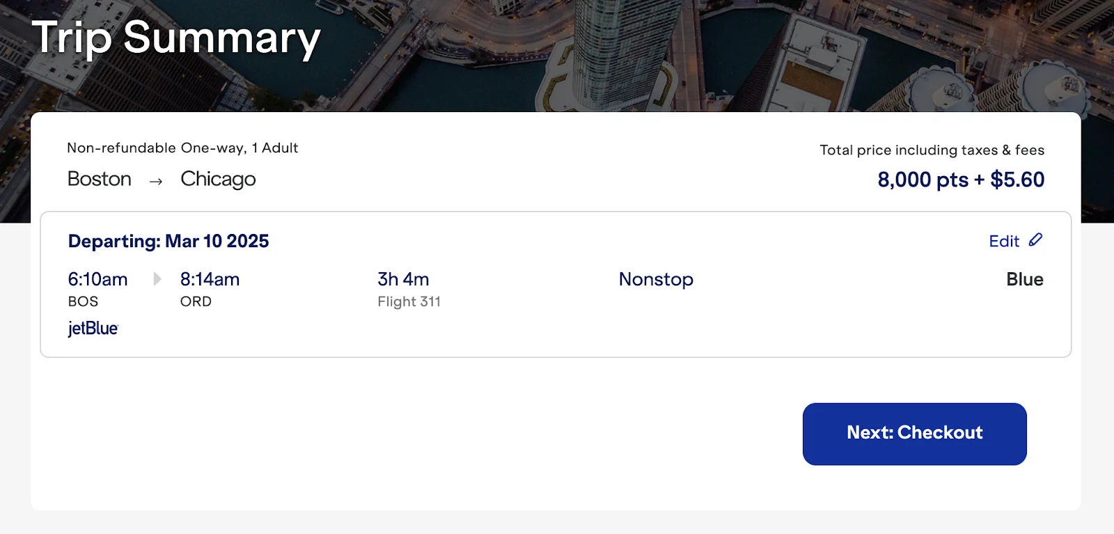 Screenshot of a JetBlue trip summary for a nonstop Boston to Chicago flight priced at 8,000 points plus $5.60.