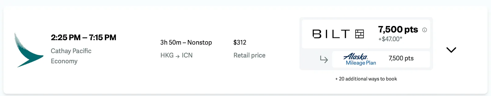 Screenshot of a Cathay Pacific economy flight from Hong Kong to Seoul priced at $312 retail or 7,500 points via Bilt to Alaska Mileage Plan