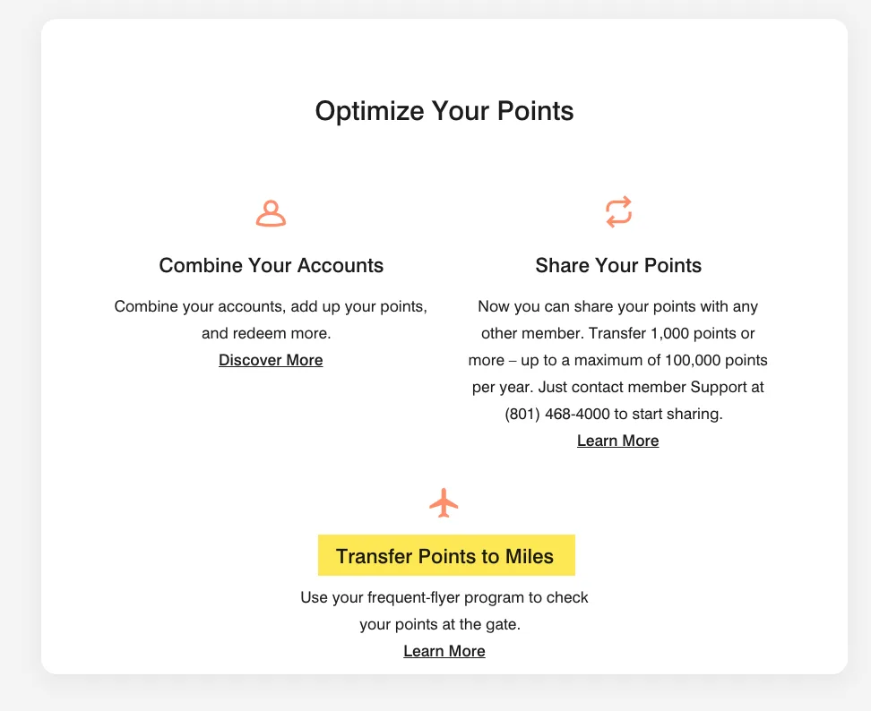 Screenshot of Marriott Bonvoy's Optimize Your Points page showing options to combine accounts, share points, and transfer points to airline miles