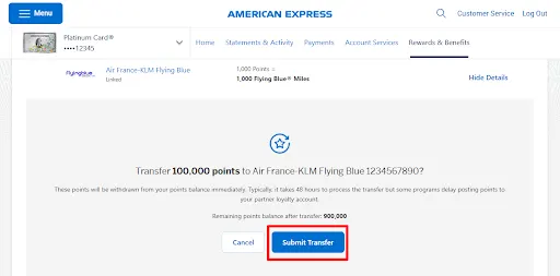 Screenshot of Step 5 in the transfer process of Amex points to miles. This is where you finalize the transfer and follow on-screen instructions.