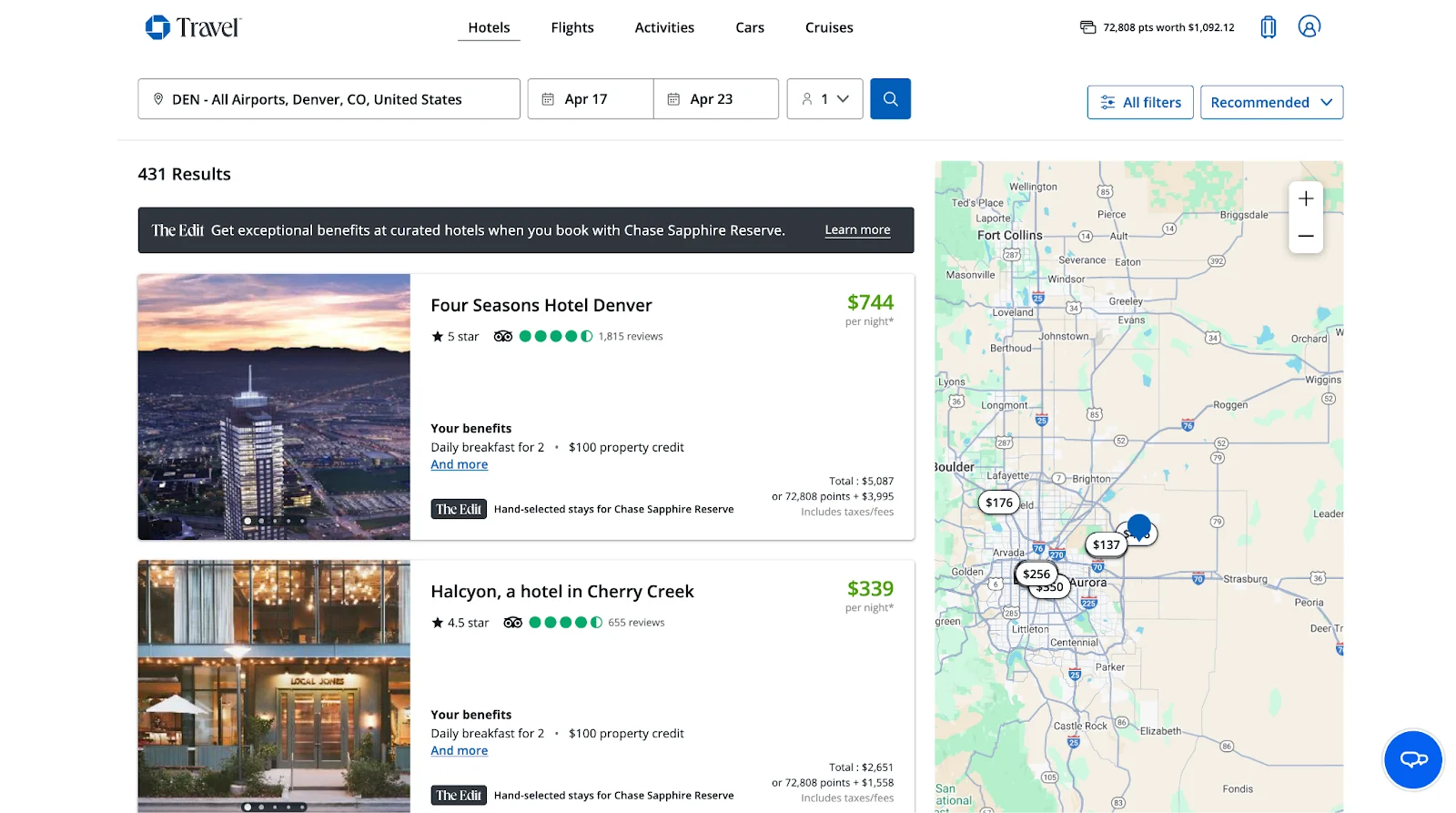 Screenshot of the Chase Travel portal hotel search results for Denver, showing the Four Seasons and Halcyon Cherry Creek with nightly rates and a map view.