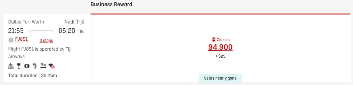 Screenshot of a Qantas award search showing a Dallas Fort Worth to Fiji flight on Fiji Airways priced at 94,900 points in Business Classic