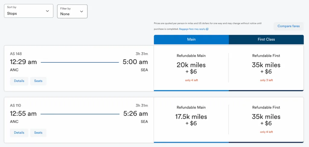 Screenshot of Alaska Airlines award search results for Anchorage to Seattle, showing Main Cabin fares from 17,500 miles and First Class from 35,000 miles.