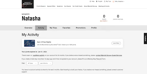 Screenshot of a Marriott Bonvoy account's Activity tab showing a notice that the member's points expired on Jan 01, 2023.