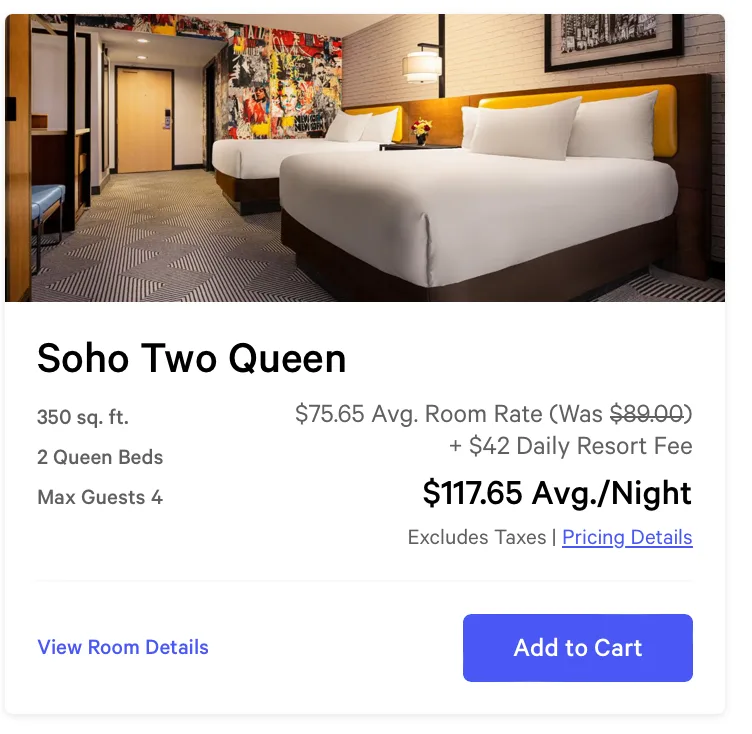 Screenshot of cash price for a room at New York New York Hotel in Las Vegas