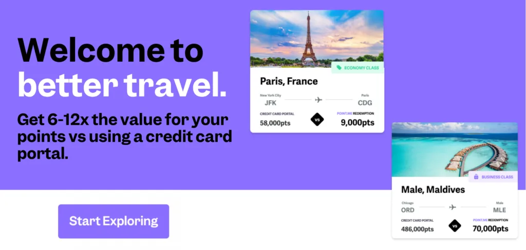 Point.me promotional graphic comparing credit card portal pricing to point.me redemption pricing for flights to Paris and the Maldives