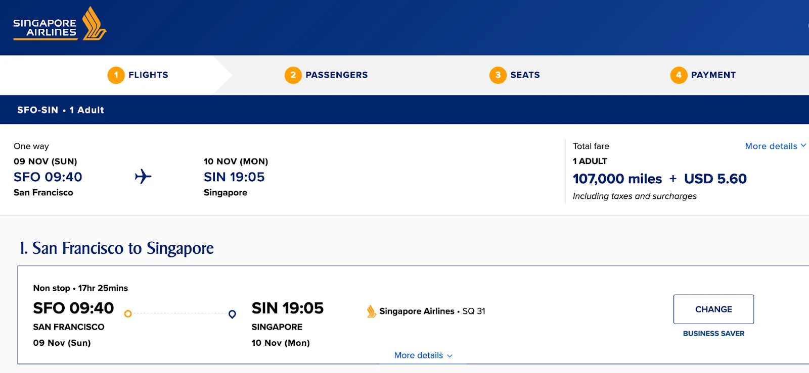 Screenshot of a Singapore Airlines booking page for a San Francisco to Singapore business class flight, priced at 107,000 miles plus $5.60.