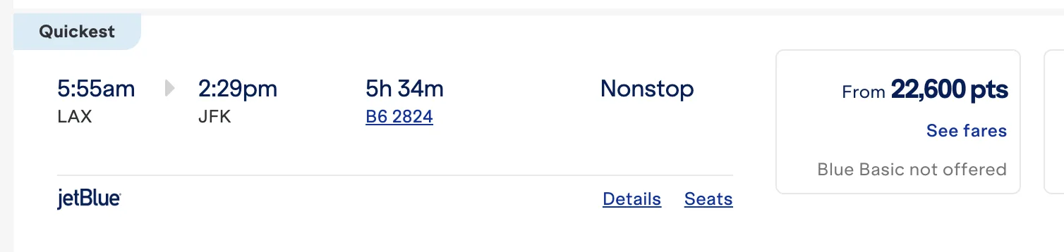 Screenshot of a JetBlue fare search for a nonstop Los Angeles to New York flight priced from 22,600 points.