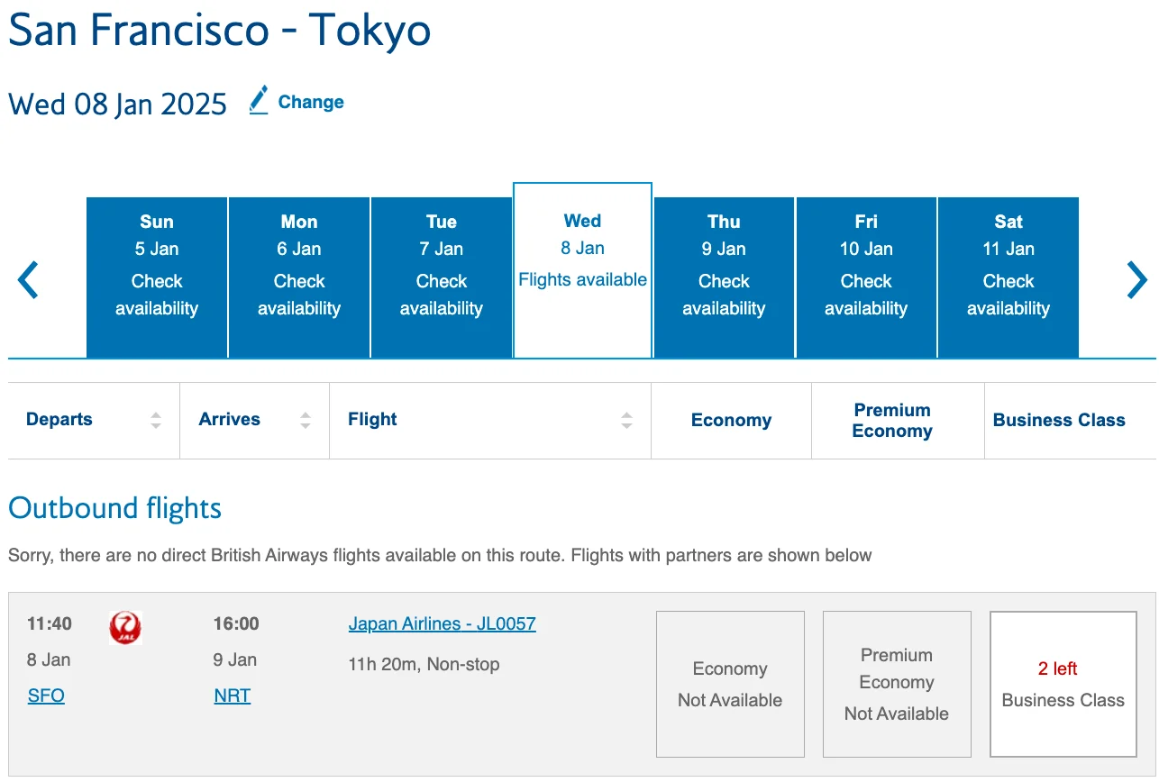Screenshot of a British Airways reward flight search from San Francisco to Tokyo showing a Japan Airlines business class option with 2 seats left