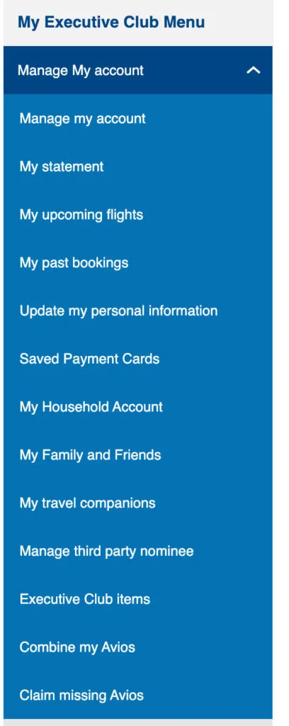 Screenshot of the British Airways Executive Club account menu, listing options like upcoming flights, past bookings, and combining Avios.