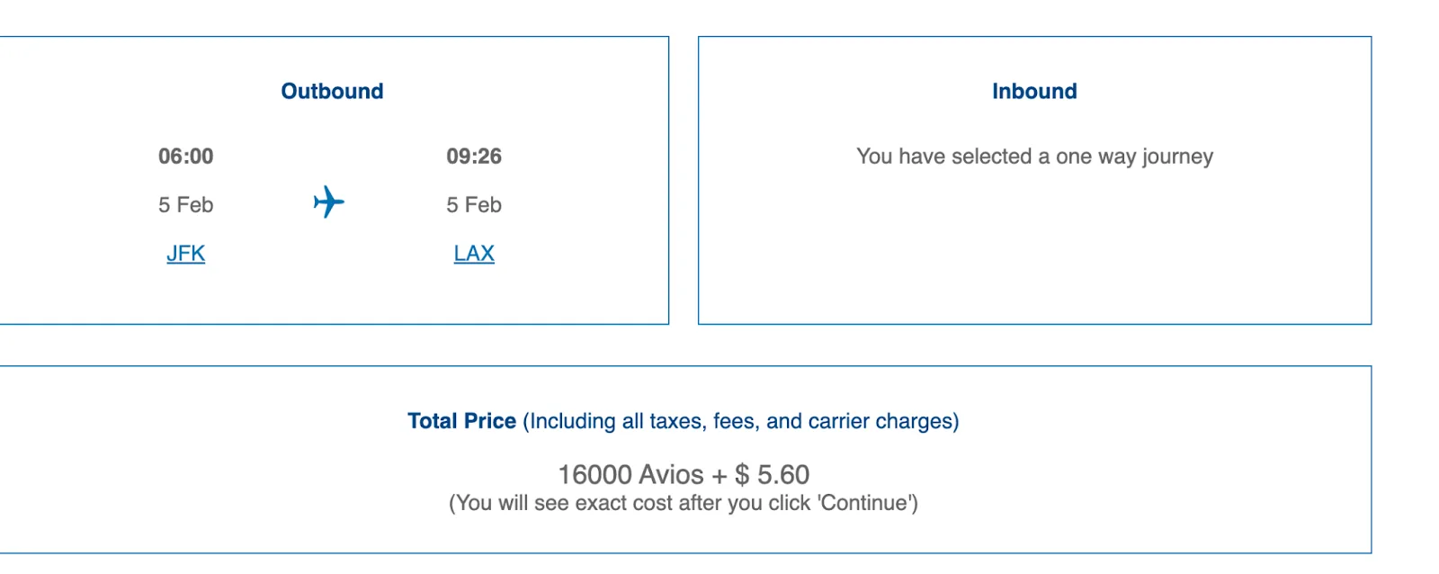 British Airways booking summary for a one-way JFK to Los Angeles flight priced at 16,000 Avios