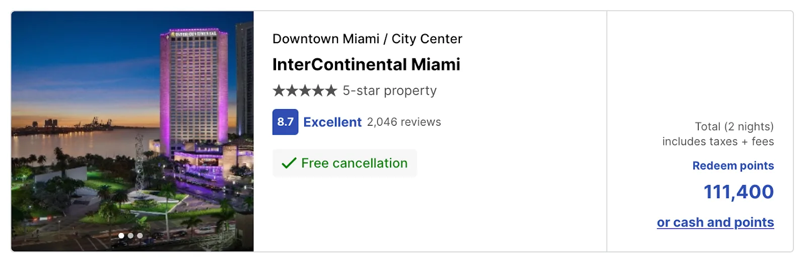 Screenshot of a Southwest Airlines hotel booking for the InterContinental Miami, a 5-star property priced at 111,400 points for two nights.