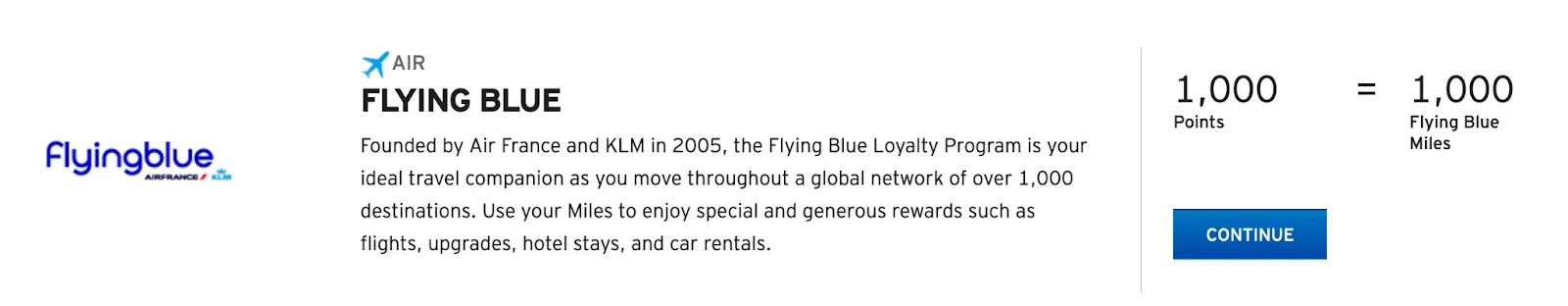 Screenshot of a Citi ThankYou transfer partner listing showing a 1:1 transfer ratio to Air France-KLM Flying Blue.