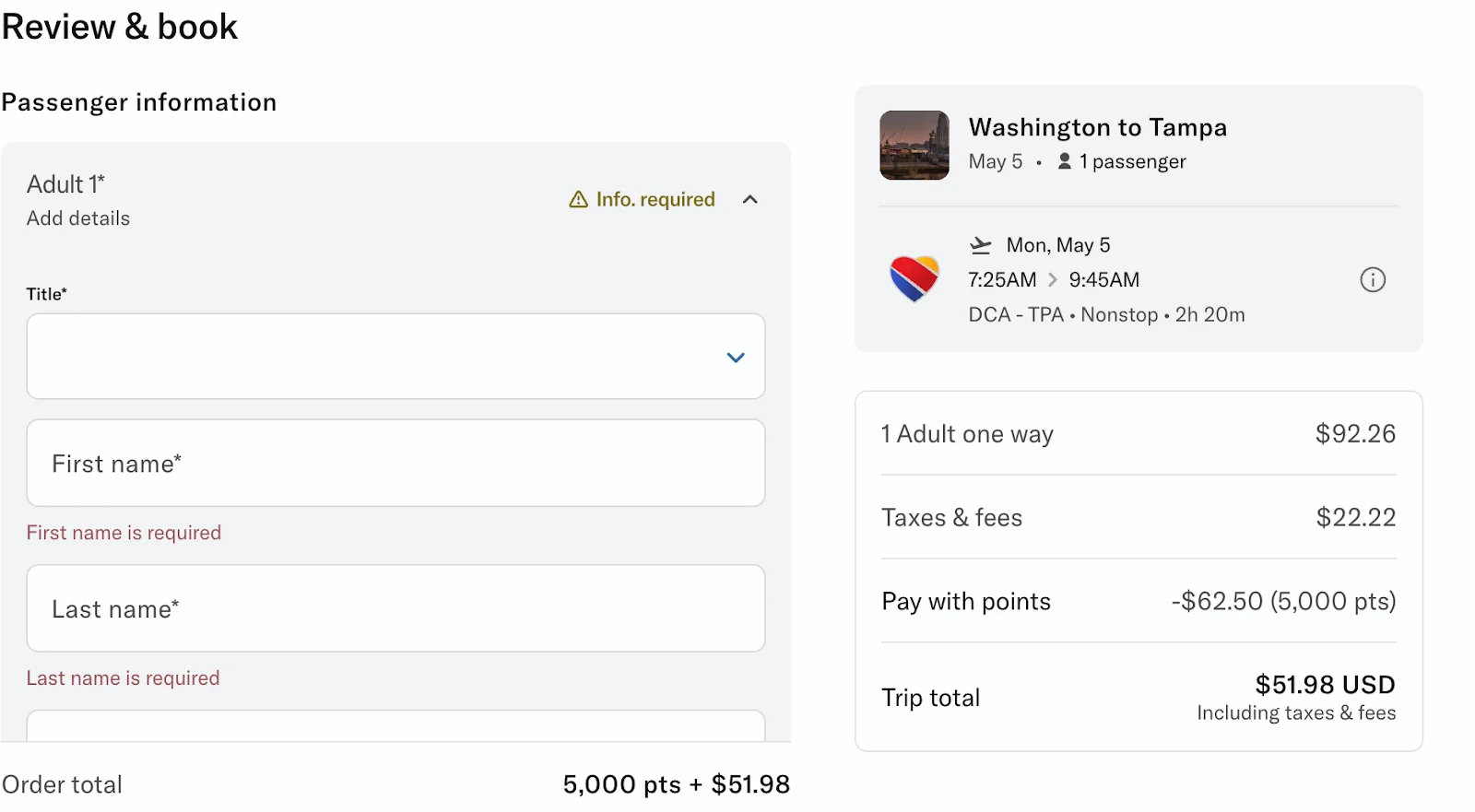 Screenshot of the Bilt travel portal review and book screen showing 5,000 points applied to a Washington to Tampa Southwest flight
