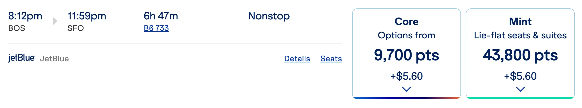 Screenshot of JetBlue.com showing a Boston to San Francisco flight priced at 9,700 points for Core or 43,800 points for Mint