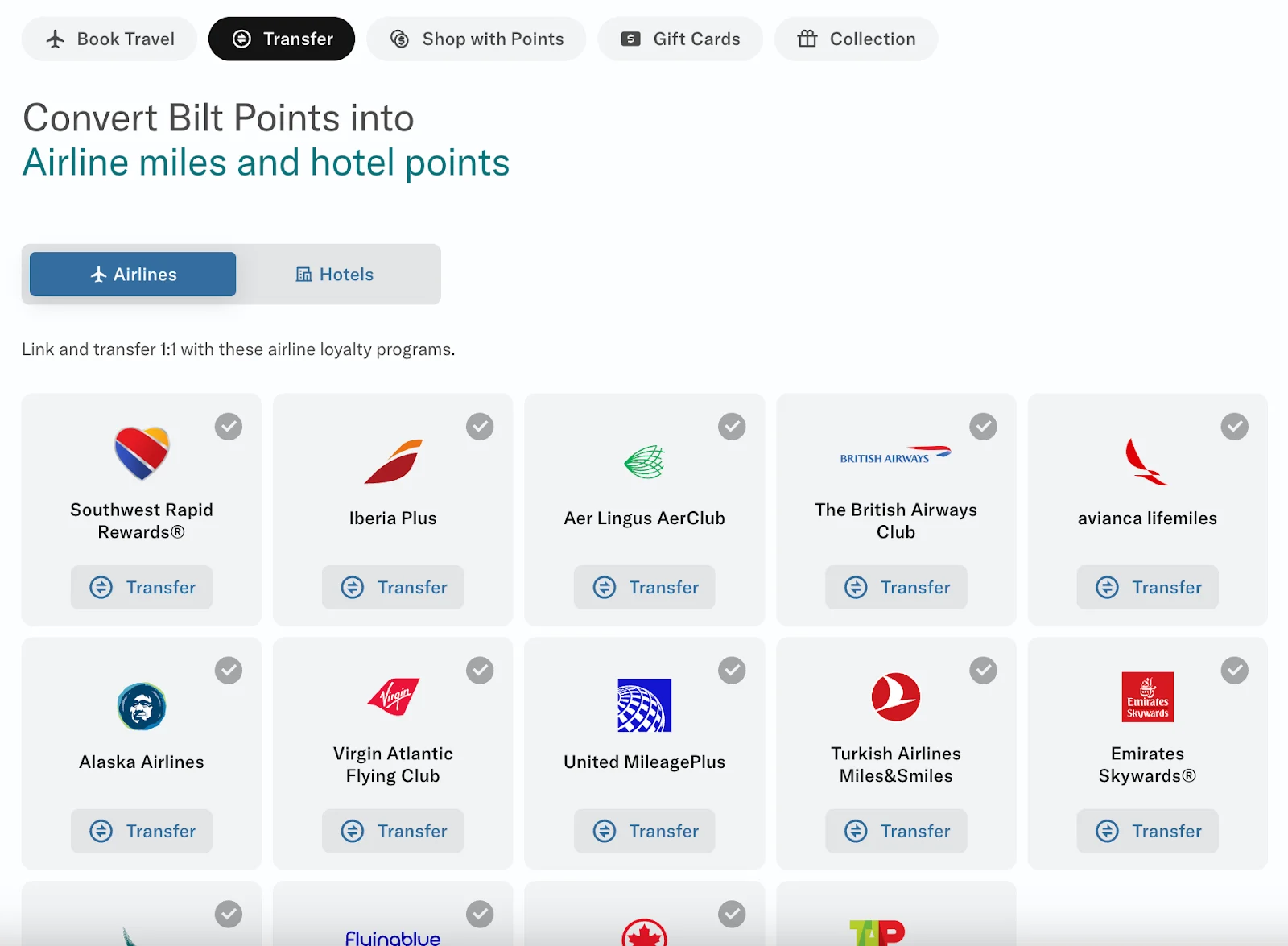 Screenshot of the Bilt Rewards transfer partners page listing airline loyalty programs including Southwest, British Airways, and United