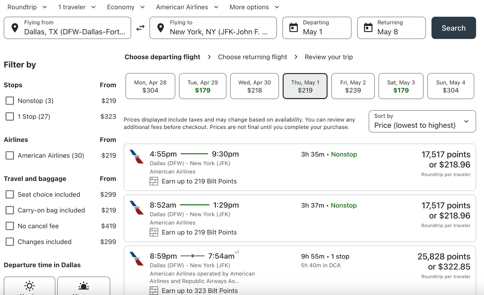 Screenshot of an American Airlines flight search from Dallas to New York showing nonstop fares from 17,517 Bilt points or $218.96