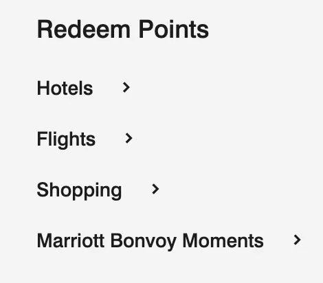 Screenshot of the Marriott Bonvoy Redeem Points menu listing Hotels, Flights, Shopping, and Marriott Bonvoy Moments options