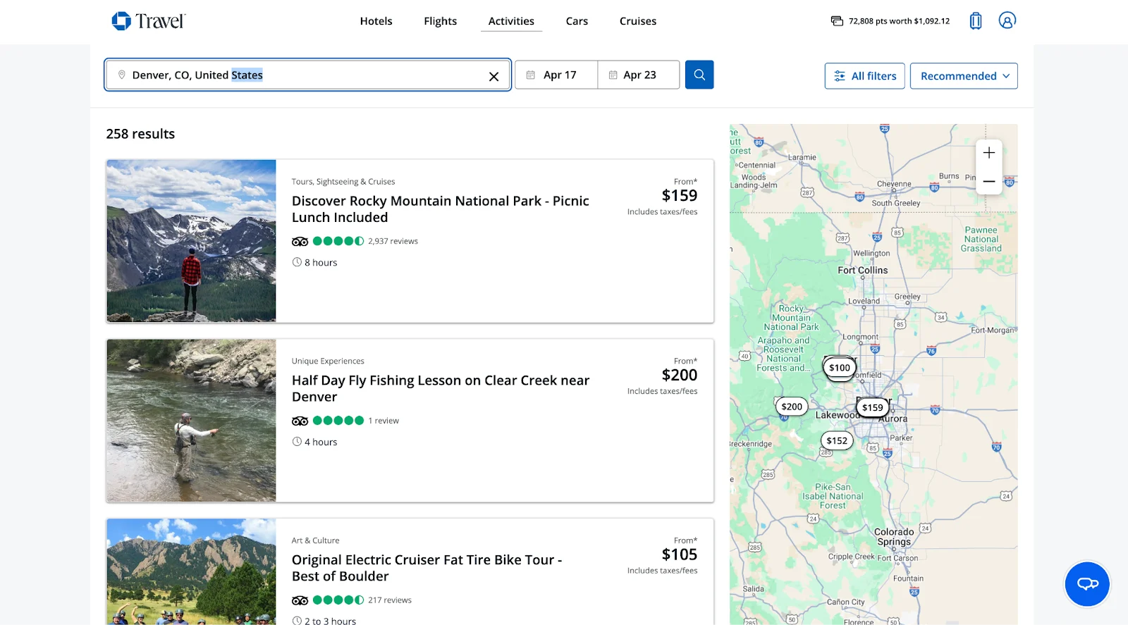 Screenshot of the Chase Travel portal activities search for Denver, listing tours like Rocky Mountain National Park and a fly-fishing lesson.