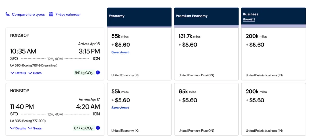 Screenshot of a point.me search form set for a round-trip Economy and Premium Economy flight from Los Angeles to Seoul