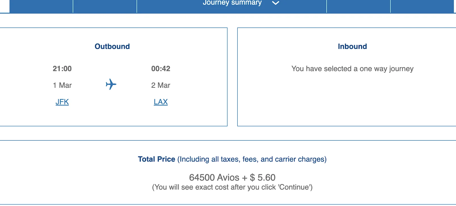 British Airways Executive Club booking screen showing a JFK to Los Angeles flight priced at 64,500 Avios plus $5.60