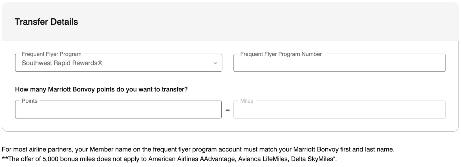 Screenshot of the Marriott Bonvoy transfer form with Southwest Rapid Rewards selected as the frequent flyer program