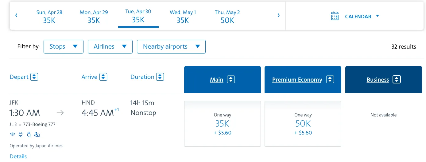 Award search result showing a nonstop JFK to Tokyo Haneda flight operated by Japan Airlines priced at 35,000 miles in Economy