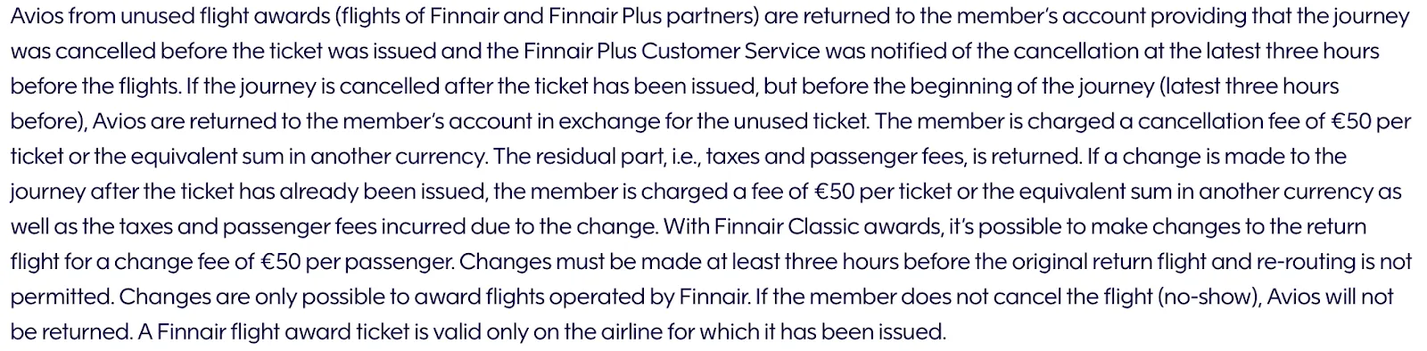 Screenshot of a Finnair Plus policy explaining Avios refund and change rules, including a 50-euro cancellation or change fee per ticket.