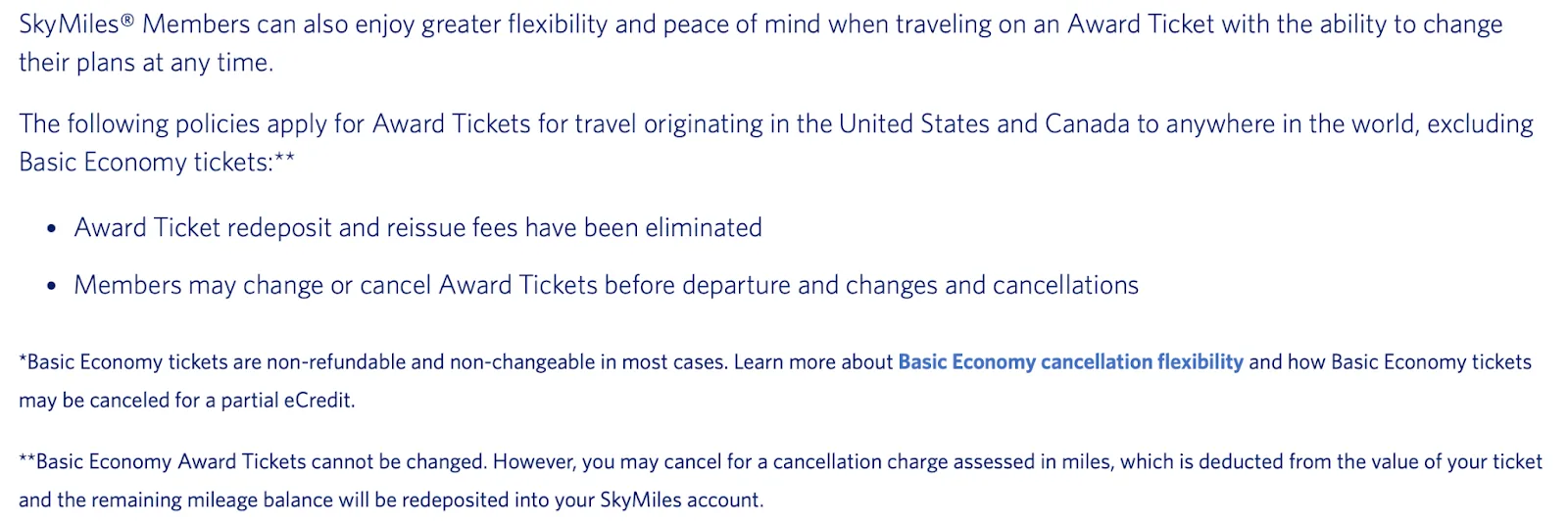 Screenshot of a Delta SkyMiles policy page stating that award ticket redeposit and reissue fees have been eliminated for U.S. and Canada award tickets.