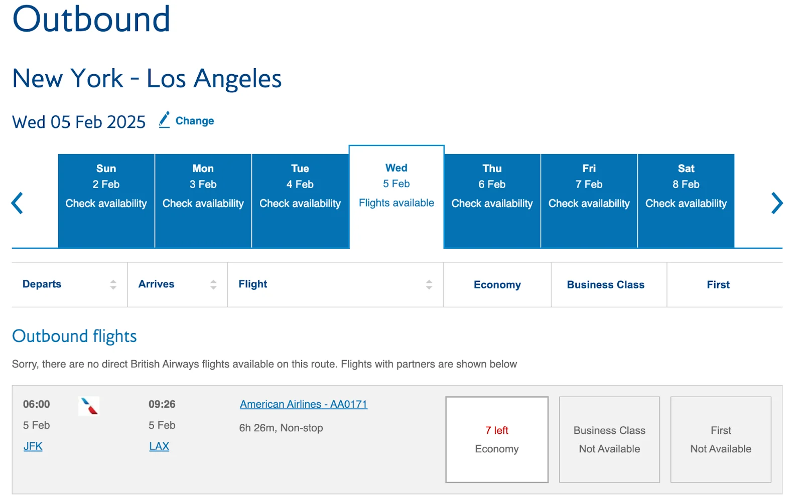 British Airways award calendar for New York to Los Angeles showing an American Airlines partner flight with 7 economy seats available