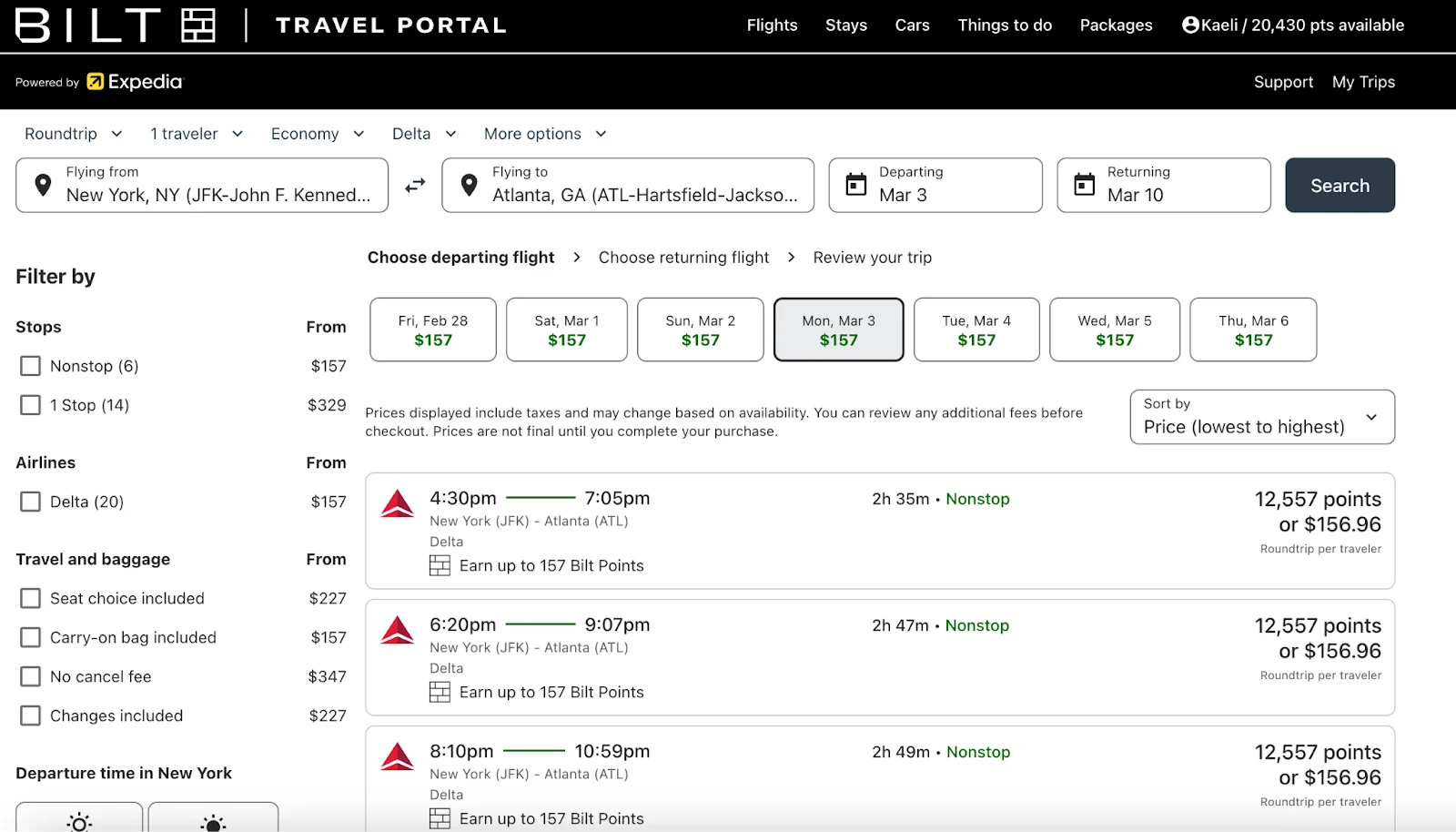 Screenshot of Bilt Travel Portal flight search results for JFK to Atlanta on Delta, showing nonstop flights priced around 12,557 Bilt points