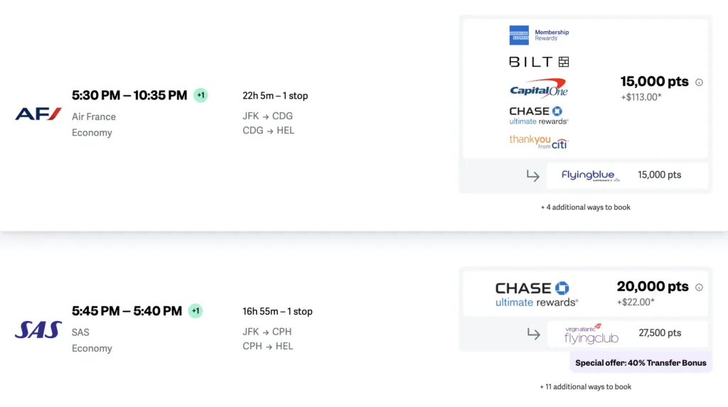 Screenshot of point.me award search results for economy flights from New York to Helsinki, showing options from 15,000 to 20,000 points via Air France or SAS