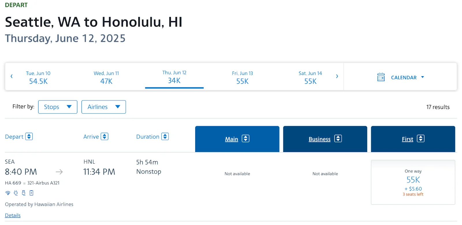 Screenshot of the Hawaiian Airlines booking site showing a Seattle to Honolulu search with a calendar of award prices and a nonstop flight priced at 55,000 miles in First Class.