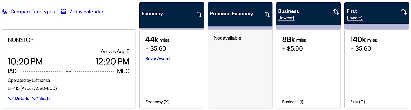 Screenshot of a United Airlines award search for a Lufthansa-operated Washington Dulles to Munich flight, comparing economy, business, and first class mileage prices.