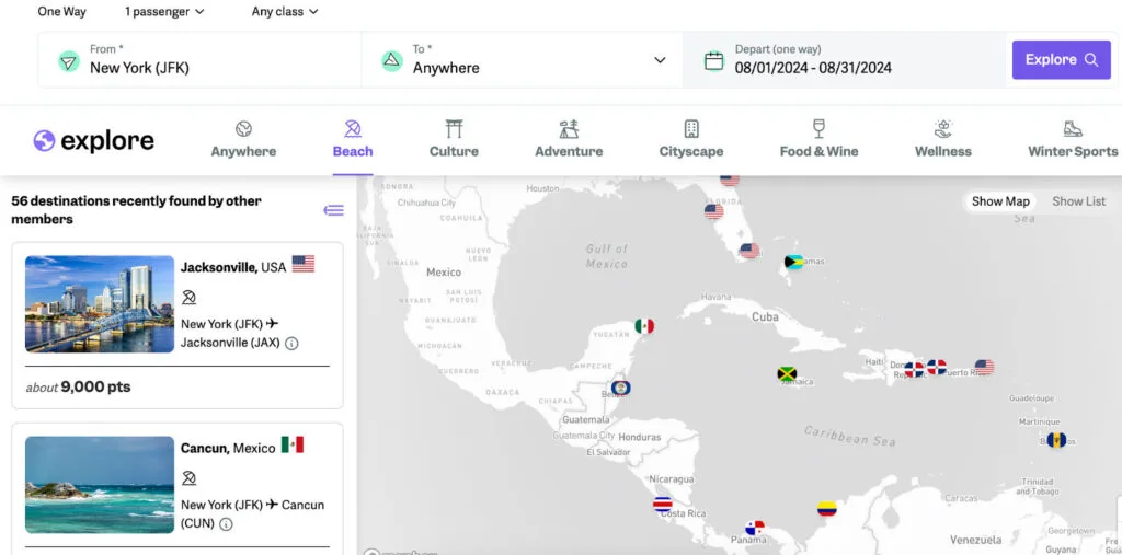 Screenshot of point.me Explore search results listing beach destinations like Jacksonville and Cancun from New York alongside a map of the Caribbean.