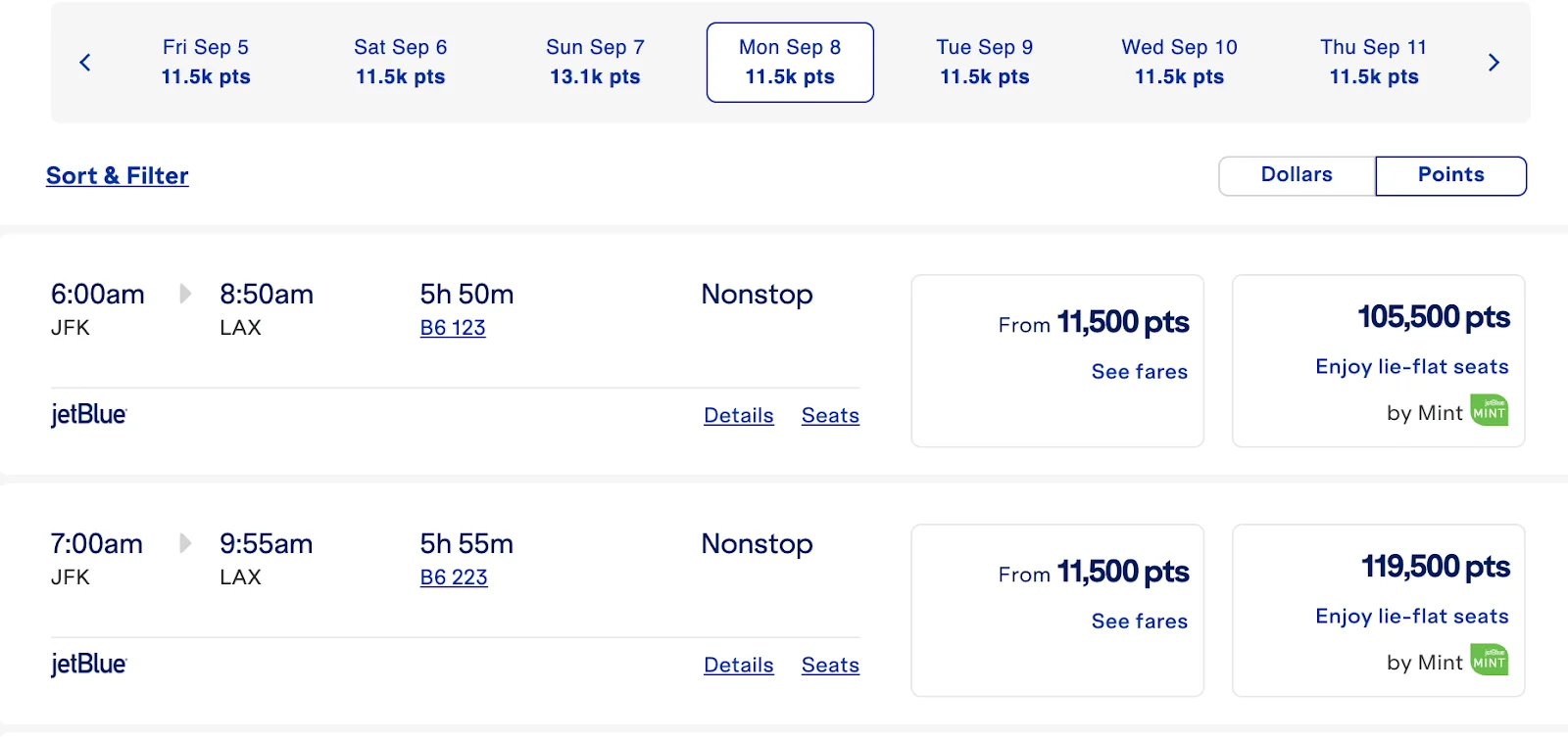 Screenshot of JetBlue award fares from New York to Los Angeles, showing economy from 11,500 points and Mint lie-flat seats from around 105,500 points.