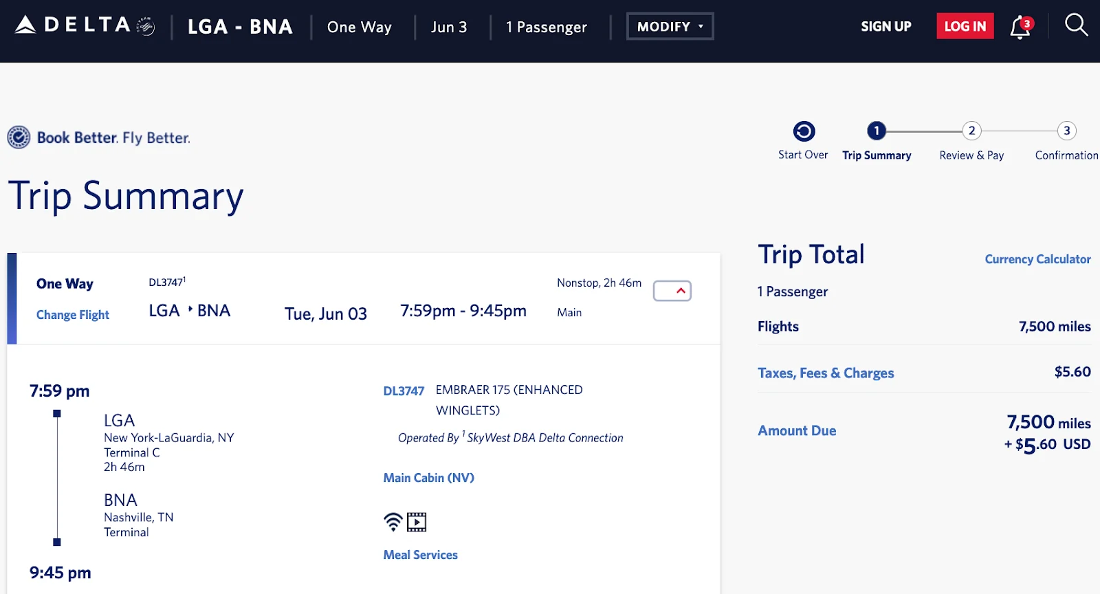 Screenshot of a Delta.com trip summary for a LaGuardia to Nashville flight, priced at 7,500 miles plus $5.60.