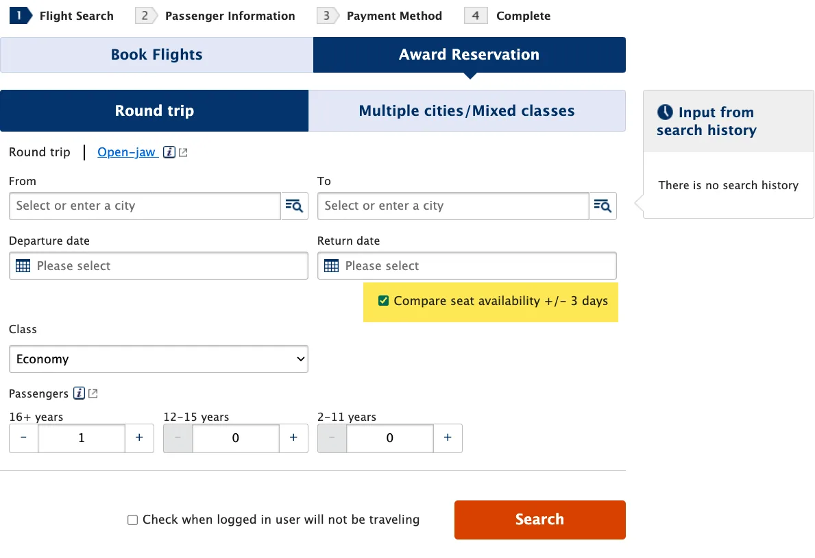 ANA website award booking form with fields for round-trip cities, dates, cabin class, and number of passengers