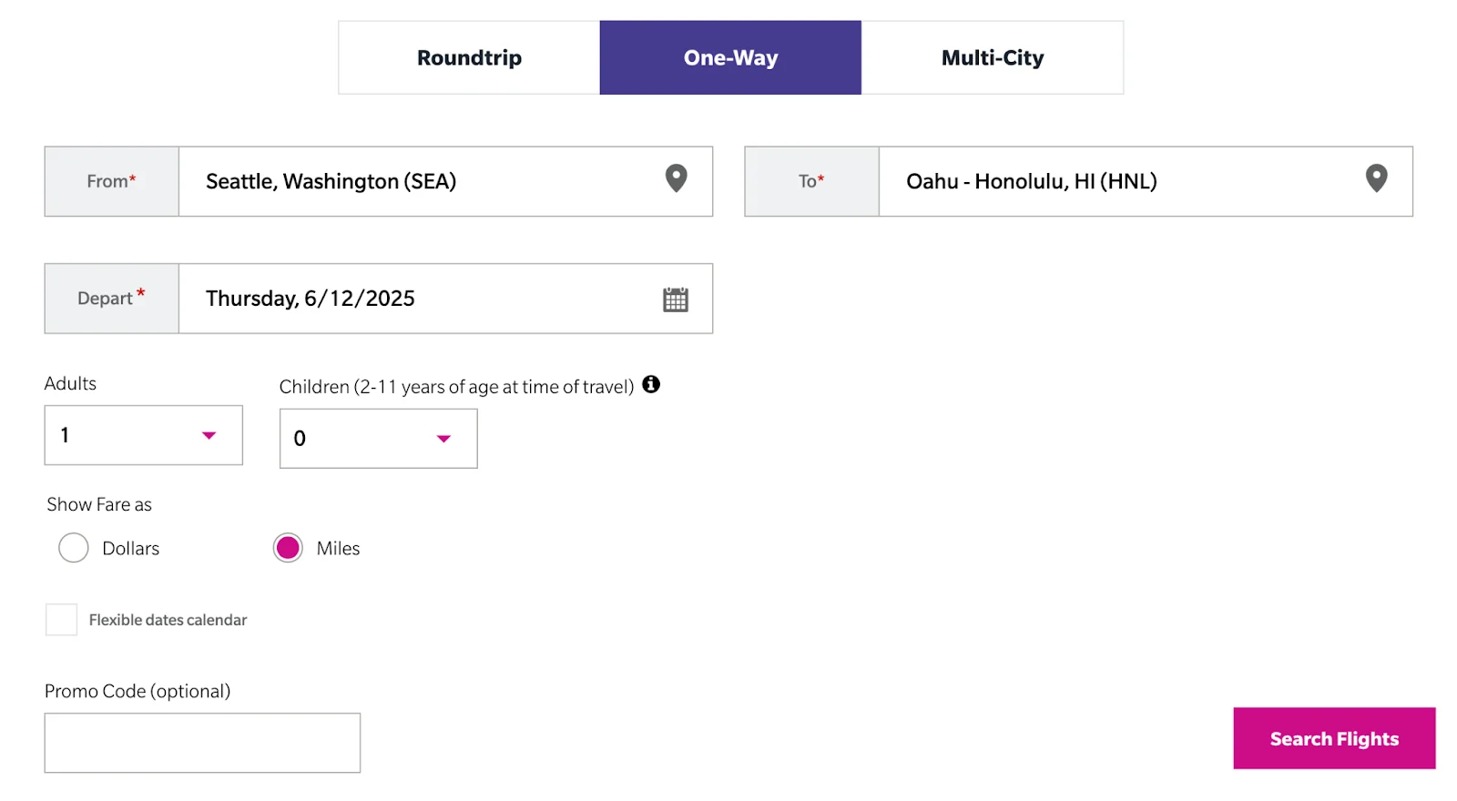 Screenshot of the Hawaiian Airlines flight search tool for a one-way Seattle to Honolulu trip with fares shown in miles
