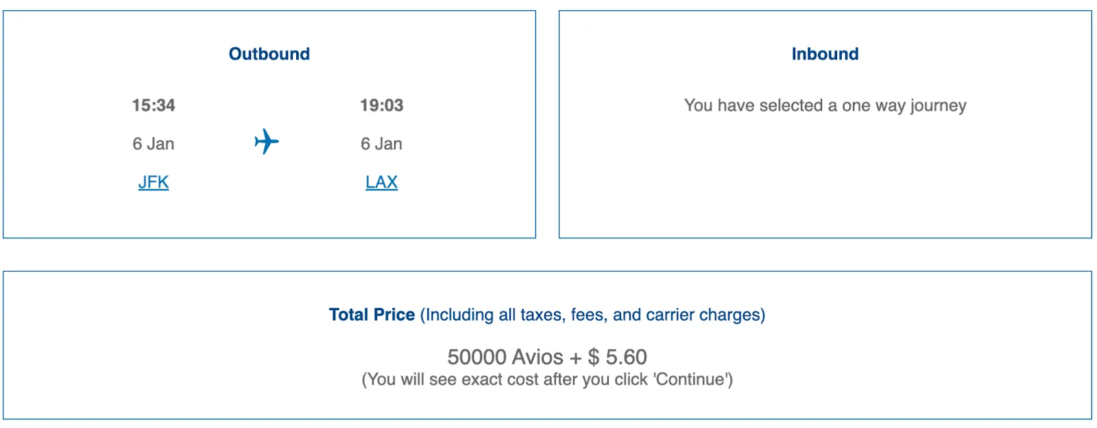 Screenshot of an Avios booking screen showing a one-way New York to Los Angeles flight priced at 50,000 Avios plus $5.60.