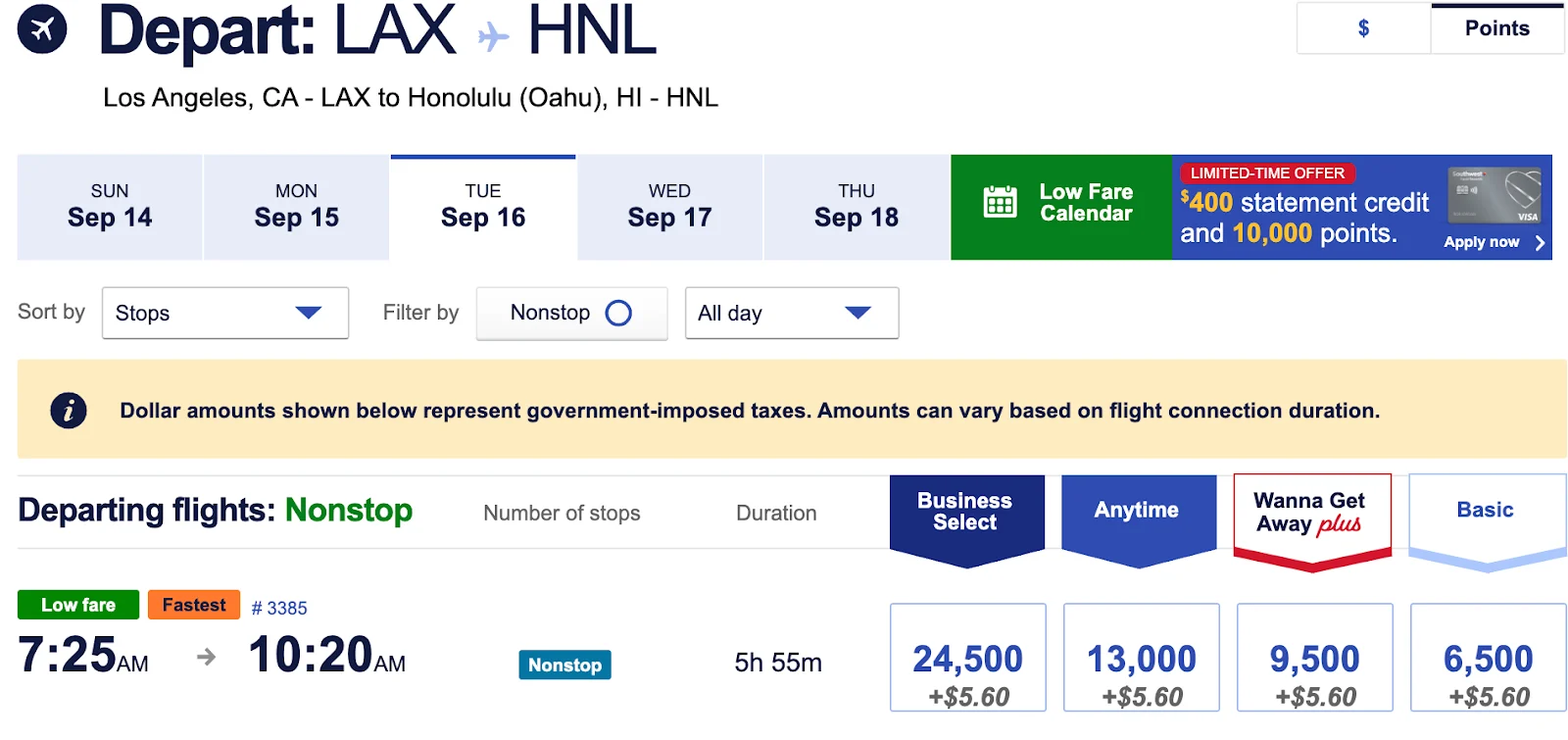 Screenshot of a Southwest Airlines award calendar for September 2025 for a Los Angeles to Honolulu flight, with daily point prices ranging from 6,500 to 20,500 points.