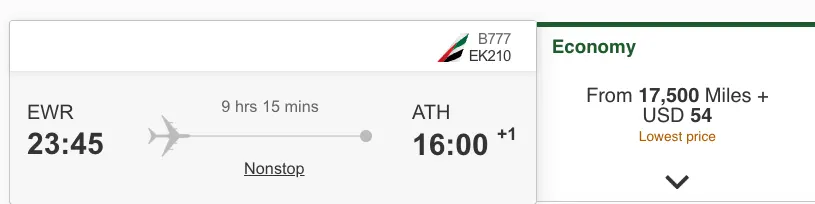 Screenshot of an Emirates award search for a nonstop Newark to Athens flight priced from 17,500 miles in Economy